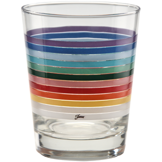 The All Colors 2026 15 oz. Tapered Double Old Fashion by Moderne Glass is a clear glass set of 4, featuring horizontal multicolored stripes—blue, green, yellow, orange, red, and white—stacked from top to bottom. Made in the USA.