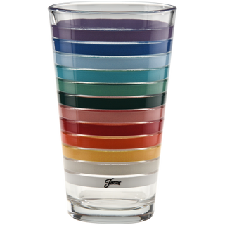 The 16 oz. All Colors 2026 Cooler Glass by Moderne Glass features bold horizontal stripes in multiple colors covering most of the clear glass, with "Jassir" near the base. Sold as a set of 4 and made in the USA.