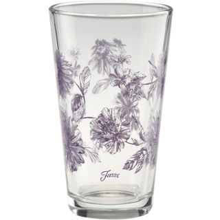 A set of four 16 oz. Fiesta Lavender Botanical Floral Cooler Glasses by Moderne Glass, each featuring delicate purple floral designs and the Fiesta Dinnerware logo near the base. Proudly made in the USA.