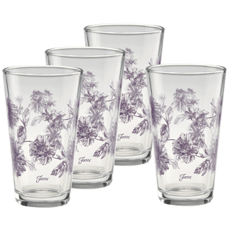 Four clear 16 oz. cooler glasses featuring intricate lavender botanical floral designs are arranged in a diagonal line, with the Moderne Glass brand name printed near the base of each glass. These Fiesta-inspired glasses infuse vibrant charm into any table setting.
