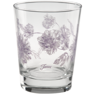 This set of four Fiesta Lavender Botanical Floral 15 oz. tapered double old fashion glasses by Moderne Glass features light purple floral designs and “Fiesta” printed near the base. These stylish glasses are part of the iconic Fiesta Dinnerware collection and are proudly made in the USA.