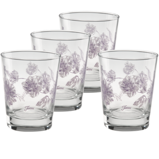 A set of four Moderne Glass Fiesta Lavender Botanical Floral 15 oz. Tapered Double Old Fashion glasses, featuring light purple floral patterns, are displayed in a staggered arrangement against a white background. These stylish tumblers perfectly complement Fiesta Dinnerware and are proudly made in the USA.