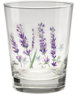 Add a touch of charm to your Fiesta Dinnerware collection with the Moderne Glass Fiesta Lavender Bloom 15 oz. Tapered Double Old Fashion glasses. This set of four clear glass tumblers, made in the USA, features a beautiful printed design of purple lavender flowers with green stems and leaves. The word “Fiesta” appears near the base, making these glasses both stylish and complementary to your table setting.