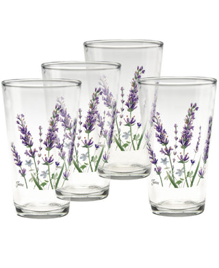 Set of four 16 oz. Fiesta Lavender Bloom cooler glasses by Moderne Glass, made in the USA and decorated with a pattern of purple lavender flowers and green stems. The clear glass tumblers are arranged to overlap slightly, evoking the layered style characteristic of Fiesta Dinnerware.