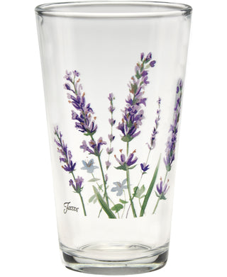 The 16 oz. Fiesta Lavender Bloom Cooler Glasses by Moderne Glass are a set of four clear glasses, made in the USA and adorned with watercolor-style purple lavender flowers and green stems.