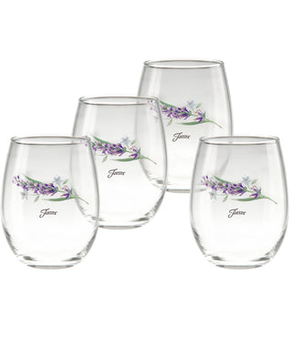 Add a touch of charm to your table setting with the Fiesta Lavender Bloom 15 oz. Frame Stemless Glass – Set of 4 from Moderne Glass. Each clear glass features a delicate lavender and white floral motif accented by green leaves and “Tussa” elegantly scripted on the front, making them a perfect complement to your Fiesta Dinnerware collection. Proudly made in the USA, these stylish stemless glasses are sure to enhance any gathering.