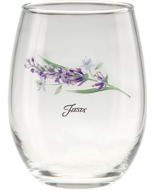 Set of four clear, 15 oz. stemless glasses from Moderne Glass, each featuring a delicate lavender bloom illustration with green leaves and “Fiesta” printed below the design on the front. Inspired by Fiesta Dinnerware and proudly made in the USA.