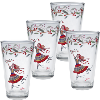 Set of four Moderne Glass Nutcracker The Ballerina 16 oz. cooler glasses, each featuring a colorful ballerina holding cherries, with a border of leaves and red cherries near the rim. Inspired by the vibrant style of Fiesta Dinnerware and proudly made in the USA.