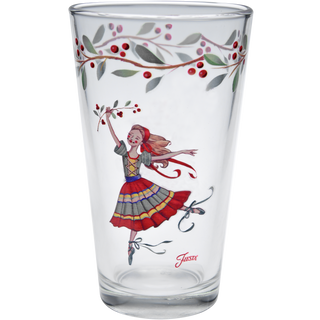 Add a lively touch to your table with the Nutcracker The Ballerina 16 oz. Cooler Glass Set of 4 by Moderne Glass. Each clear glass features an illustration of a girl in a colorful dress dancing, accented by red berries and green leaves along the rim. Made in the USA, these charming glasses pair beautifully with Fiesta Dinnerware for festive gatherings.