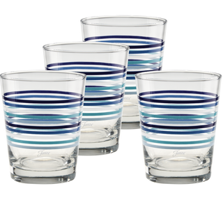 A set of 4 Moderne Glass Fiesta Coastal Thin Stripe 15 oz. Tapered Double Old Fashion glasses with blue and aqua stripes are displayed against a white background. Made in the USA.