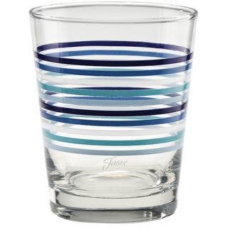 The Moderne Glass Fiesta Coastal Thin Stripe 15 oz. Tapered Double Old Fashion glass set features horizontal blue, navy, and teal stripes and is made in the USA. Set of 4 glasses shown on a white background.