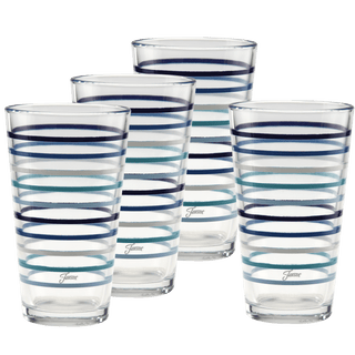 The Moderne Glass 16 oz. Fiesta Coastal Thin Stripe Cooler Glass set includes four glasses arranged in two rows, each featuring horizontal blue stripes. Made in the USA, they coordinate with Fiesta Dinnerware. The background is white.