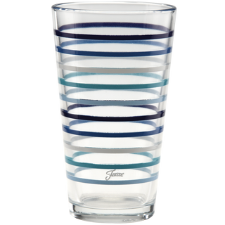 The 16 oz. Fiesta Coastal Thin Stripe Cooler Glass Set by Moderne Glass features clear tumblers with horizontal blue, navy, and teal stripes. Comes in a set of 4.