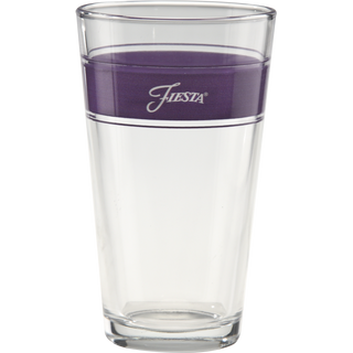 Set of four 16 oz. Lavender Frame Cooler Glasses by Moderne Glass, each featuring a thick purple band near the top with "Fiesta" in white script. Made in the USA.
