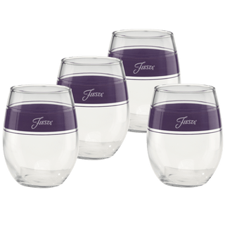 The Moderne Glass Lavender 15 oz. Frame Stemless Glass set includes four clear glasses with a thick purple band and "Fiesta" in white script, arranged in two rows on a white background.