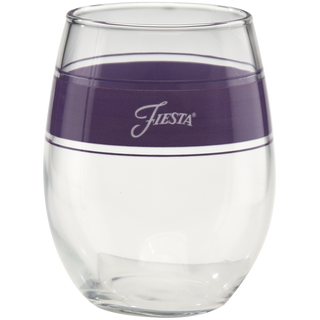 The Moderne Glass Lavender 15 oz. Frame Stemless Glass – Set of 4 features a wide purple band near the rim and “Fiesta” in white script, part of the Fiesta Dinnerware collection and proudly made in the USA.