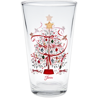 The Moderne Glass Holly Berry Christmas Tree 16 oz. Cooler Glass Set of 4 features a festive tree design with red ribbons, gold stars, and birds—ideal for holiday entertaining. Part of the Holly Berry Christmas Collection.