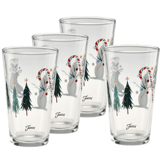 Set of four 16 oz. Fiesta Jolly Christmas Cooler Glasses by Moderne Glass, each made in the USA and decorated with trees, candy canes, and white squirrels. The glasses are arranged in a staggered group, all featuring the Fiesta Dinnerware logo near the base.