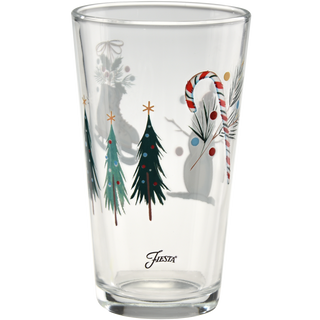 16 oz. Fiesta Jolly Christmas Cooler Glass decorated with painted Christmas trees, a snowman, a candy cane, and ice skates.