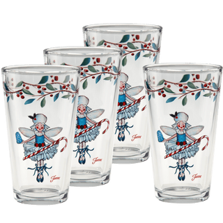 Add whimsical charm to your holiday table with the Nutcracker Sugar Plum Fairy 16 oz. Cooler Glass Set by Moderne Glass. This set of four clear glasses features a festive design of a pig in a blue outfit with wings, holding a candy cane and surrounded by red berries and green leaves near the rim—perfect for pairing with your Sugar Plum Fairy glassware or complementing your seasonal dinnerware.