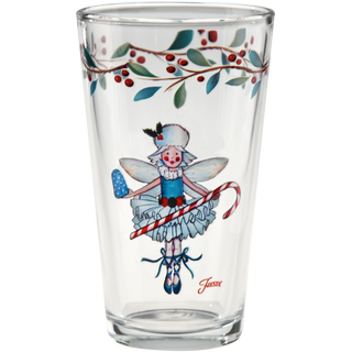 Bring a playful spirit to your holiday table with the Moderne Glass Nutcracker Sugar Plum Fairy 16 oz. Cooler Glass Set, featuring a festive fairy dressed in blue holding a candy cane and popsicle, with holly and berries decorating the rim.