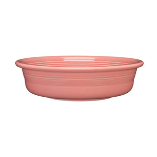 The Fiesta New Retired Classic Rim 10 1/2 Inch Extra Large Serving Bowl (80 OZ) in Peony features a round, shallow ceramic design with subtle horizontal ridges near the rim, made in the USA and shown against a plain white background.
