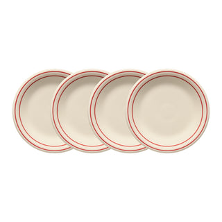 The Fiesta Americana Scarlet Band Set includes four 7 1/4-inch cream-colored Classic Rim Salad Plates, each featuring two scarlet bands near the rim. Made in the USA. Plates are arranged overlapping on a white background.