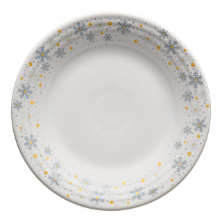 The Fiesta (FTC) White Snowflake Classic Rim 9 Inch Luncheon Plate features a decorative blue snowflake and gold dot border—perfect festive dinnerware, shown from above on a plain background.
