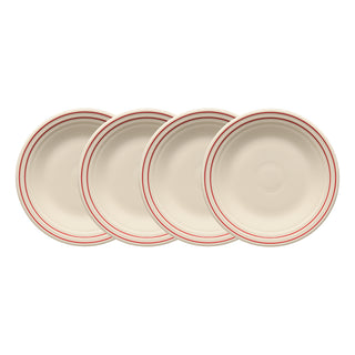 A set of four Fiesta Americana Scarlet Band Classic Rim 9 Inch Luncheon Plates is shown arranged in a neat, overlapping row on a white background. Made in the USA.