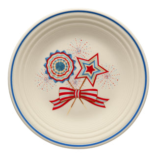 The Fiesta Americana Fan, Star, & Bow Classic Rim 9 Inch Luncheon Plate features patriotic fan, star, and bow designs—ideal dinnerware for celebrating in red, white, and blue style.