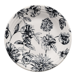 The Fiesta Botanical Floral Black Classic Rim 9 Inch Luncheon Plate features an intricate black and white floral design with various flowers and leaves, making it a striking piece for your dinnerware collection.