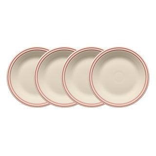 Set of 4 Fiesta (FTC) Americana Scarlet Band Classic Rim 10 1/2-Inch Dinner Plates, each with two red rings on cream, stacked in a slightly overlapping row on a white background. Made in the USA.