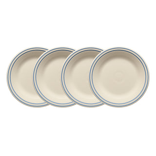 Four Fiesta (FTC) Americana Lapis Band Classic Rim 10 1/2-Inch Dinner Plates, cream-colored with double blue rings, are arranged in a slightly overlapping row on a white background. Made in the USA. Set of 4.