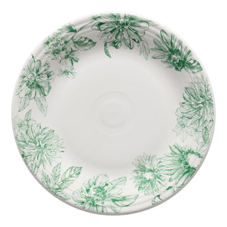 The Fiesta Botanical Floral Jade Classic Rim 10 1/2 Inch Dinner Plate features delicate green botanical floral and leaf designs around the rim on white ceramic, with a plain center. Made in the USA.