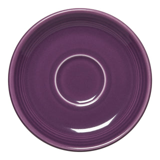 A glossy, round Fiesta (FTC) Retired Classic Rim 5 7/8 Inch Saucer in Mulberry, made of vitrified china with a raised center ridge, is viewed from above on a white background.