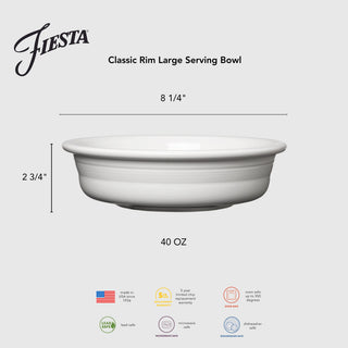 The Fiesta Classic Rim 8 1/4 Inch Large Serving Bowl holds 40 oz, is made in the USA, lead-free, and safe for microwave, oven, and dishwasher use. It features a durable glaze and comes with a 5-year chip warranty.