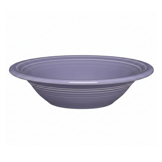 The Fiesta Lavender Fiesta 6 1/2 Inch Stackable Cereal Bowl (11 oz) features a shallow, round ceramic design with a wide rim, a smooth glossy lavender finish, and subtle horizontal ridges near the rim—making it perfect for everyday use and easy storage.