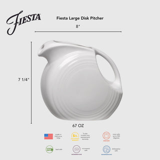 The Fiesta Lavender 67 OZ Large Disk Pitcher features a curved handle and circular design, measures 8" wide and 7.25" tall, is lead-safe china, microwave and dishwasher safe, and made in the USA.