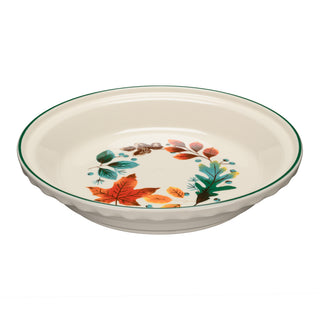 The Fiesta Autumn Fields 10 1/4 Inch Deep Dish Pie Baker (44oz) features a crisp white ceramic design accented with a green rim, and showcases colorful autumn leaves and acorns painted on the inner surface—making it a charming piece of fall tableware that’s perfect for seasonal gatherings.
