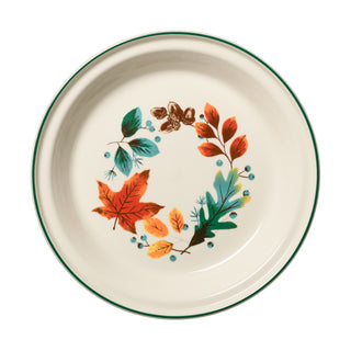 Crafted by Fiesta, the Autumn Fields 10 1/4 Inch Deep Dish Pie Baker (44 oz) features a round ceramic design with a green rim and is adorned with vibrant autumn leaves and berries in shades of red, orange, yellow, green, and blue. Arranged in a partial wreath pattern, it’s the perfect addition to bring festive flair to your fall tableware collection.