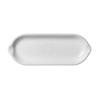 The Fiesta Appetizer Tray 9 1/2 Inch is a white, oval ceramic platter with raised edges and small handles—ideal for serving snacks or appetizers.