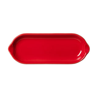 The Fiesta Appetizer Tray 9 1/2 Inch in Scarlet is a bright red, oval ceramic tray with small handles, shown from above on a white background—ideal for serving appetizers or desserts at any gathering.