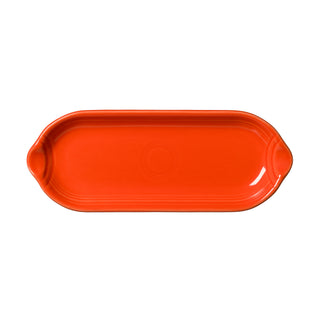 Showcased on a white background, the Fiesta Appetizer Tray 9 1/2 Inch in vibrant Poppy features an oval ceramic design with two small handles at each end—making this versatile platter ideal for serving appetizers or desserts at your next gathering.
