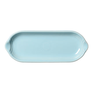 The Fiesta Appetizer Tray 9 1/2 Inch in Sky is an oval ceramic tray with two small handles and subtle concentric circle detailing, shown from above on a white background. It features a smooth, glossy finish.
