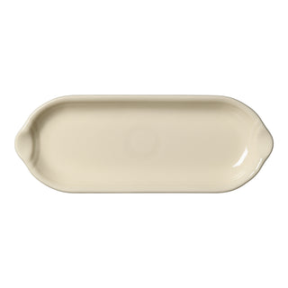 The Fiesta Appetizer Tray 9 1/2 Inch in Linen is an oval ceramic serving tray with small handles and raised edges, shown from above on a white background—a versatile addition to any gathering.