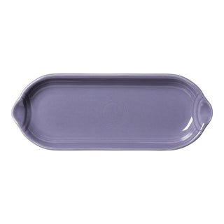 The Fiesta Lavender 9 1/2 Inch Appetizer Tray features a rectangular ceramic design with rounded edges and side handles, making it perfect for stylishly serving appetizers or desserts.