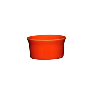A small, round, bright poppy orange Fiesta New Retired 8 OZ Ramekin (4 inch) is centered on a white background, part of the colorful ramekins collection.