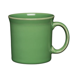 A plain, green ceramic mug with a curved handle, shown on a white background.