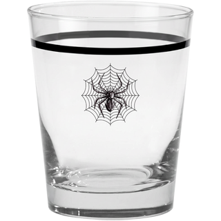 The Fiesta Halloween Icons 15 oz. Tapered Double Old Fashion glasses from Moderne Glass feature a clear, tapered shape adorned with a black spider and web design on the front and a slim black band near the rim. Part of the iconic Fiesta Dinnerware collection and made in the USA, this set of four adds a whimsical Halloween flair to your drinkware.