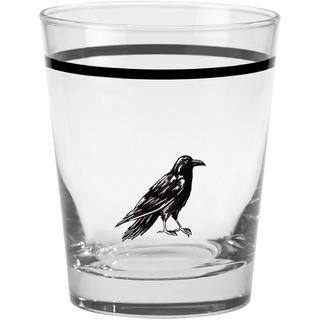 A set of four 15 oz. tapered double old fashion glasses featuring a bold black crow illustration and a black stripe near the rim—crafted in the USA by Moderne Glass for the Fiesta Halloween Icons collection.